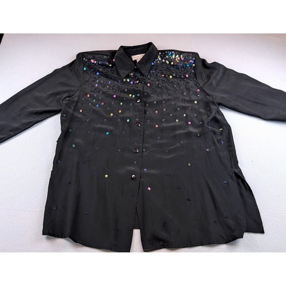 Diane Gilman Tops - Diane Gilman Silk Sequin Blouse Black Iridescent Button Down Long Sleeve Large